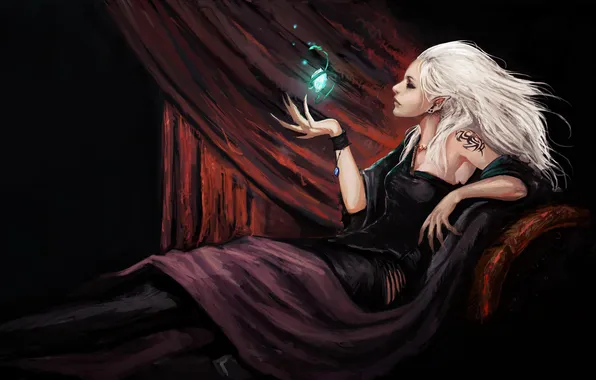 Crystal, girl, elf, claws, tattoo, curtain