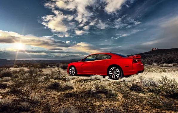 Picture the sun, clouds, red, the evening, Dodge, Charger