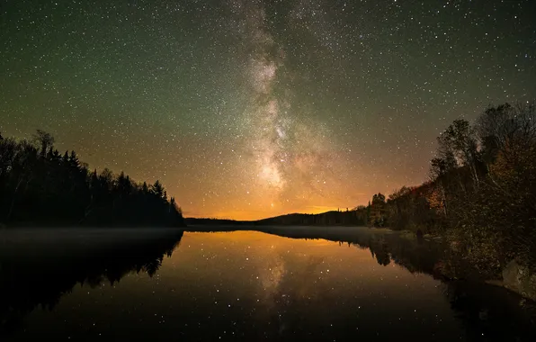 The sky, space, stars, light, trees, lake, reflection, mirror