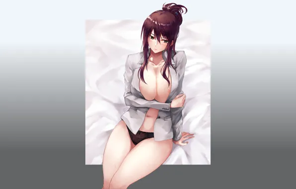 Panties, boobs, anime, pretty, lady, bed, breasts, black panties