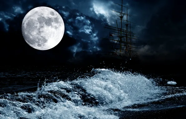 Picture sea, night, the moon, wave, ship, sailboat