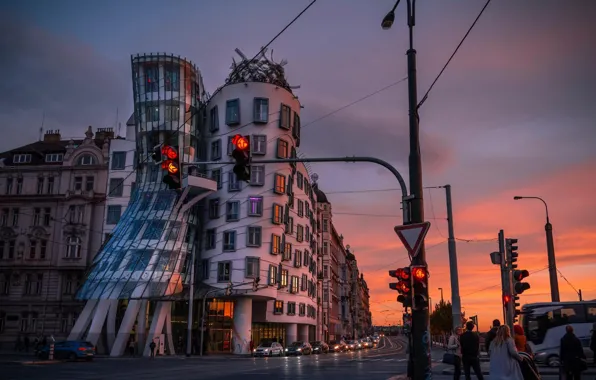 Picture road, auto, the sky, street, the evening, Prague, Czech Republic, the dancing house