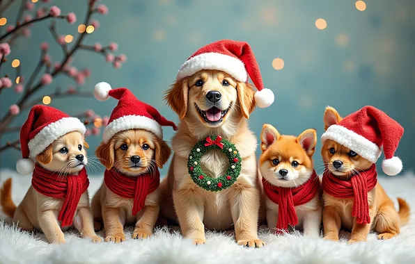 Language, dogs, look, branches, lights, together, puppies, Christmas