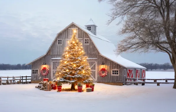 Winter, snow, decoration, balls, tree, New Year, Christmas, gifts