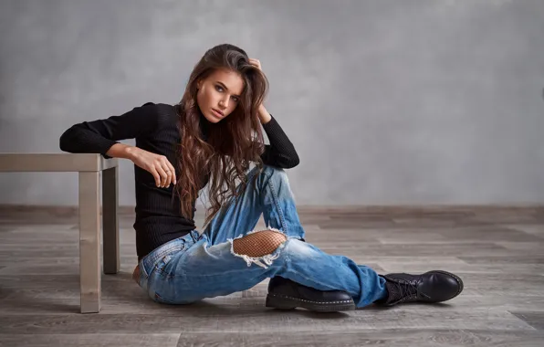 Picture look, girl, pose, jeans, shoes, on the floor, torn, Vyacheslav Shishkov