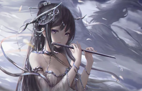 The sky, tape, girl, neckline, priestess, flute, Phoenix, suspension