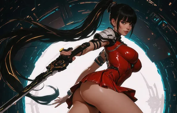 Ass, weapons, long hair, beautiful girl, digital art, digital art, AI art, Stability AI