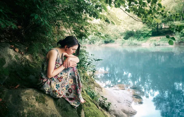 Summer, girl, nature, pose, river, Andrey Vasilyev