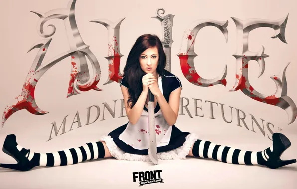 Picture blood, brunette, costume, knife, cosplay, Alice Madness Returns, striped stockings, Alice madness vozvrashaetsja