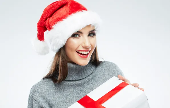 Picture look, girl, smile, box, gift, brown hair, cap, sweater