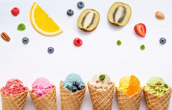 Picture berries, colorful, ice cream, fruit, horn, fruit, berries, ice cream