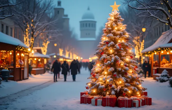 Winter, road, snow, the city, people, street, building, Christmas
