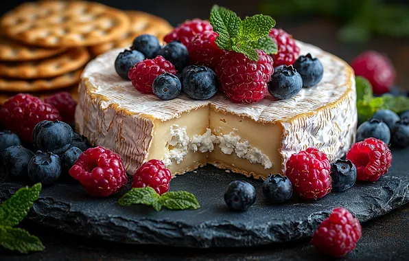 Berries, cheese, blueberries, mint, stand, malinv, AI art, neural network