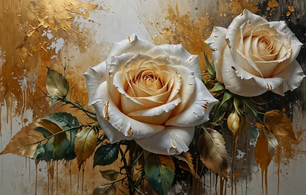 Leaves, flowers, paint, roses, stains, white, gold plated, cream