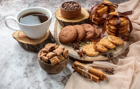 Picture coffee, cookies, Cup, cinnamon, pads