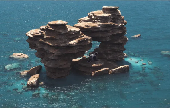 Rocks, island, pond, camera, Lunch Break