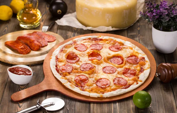 Pizza, sauce, sausages