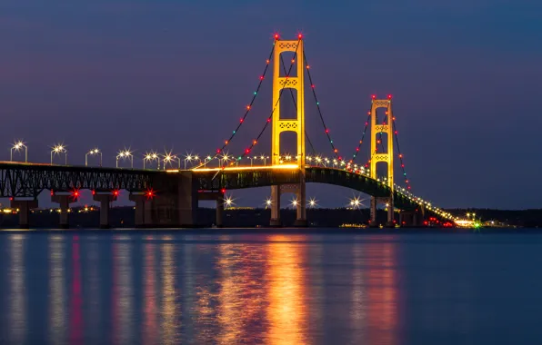 Night, bridge, lights, river, lights, USA, Michigan, Mackinac Bridge