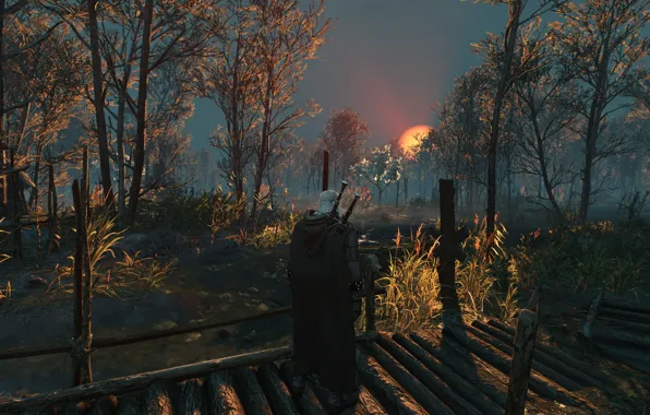 Sunset, Landscape, Swords, The Witcher 3 Wild Hunt, Geralt