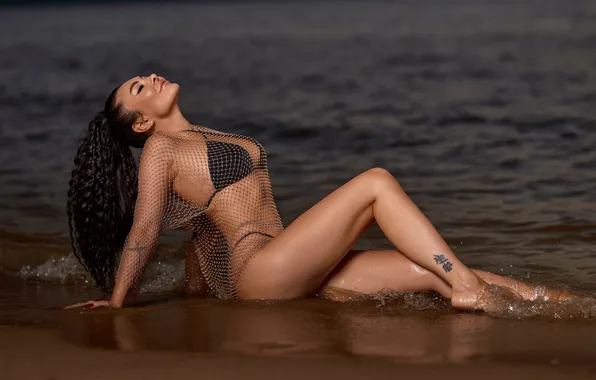 Sea, girl, pose, figure, brunette, tattoo, legs, bikini