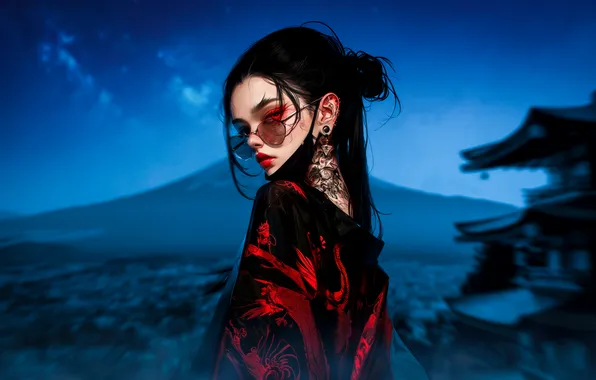 Girl, blue, red, dragon, Japan, anime, glasses, red