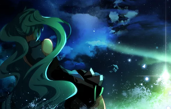 Picture the sky, girl, stars, clouds, night, art, back, vocaloid