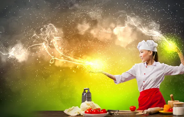Picture girl, creative, magic, smoke, cook, Asian, vegetables, tomatoes