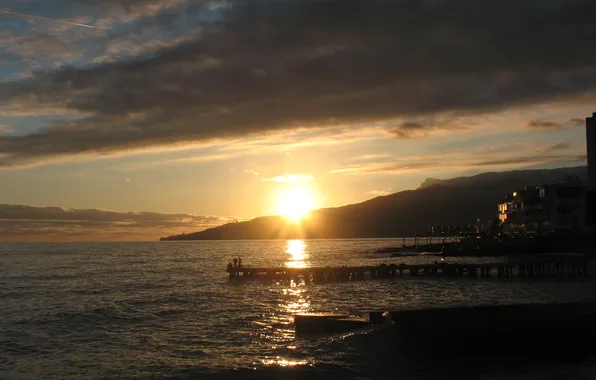 The sun, sunset, Sea, pier