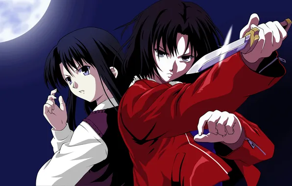 Picture night, weapons, girls, the moon, knife, shiki