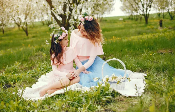 Grass, girl, trees, joy, flowers, branches, pose, smile