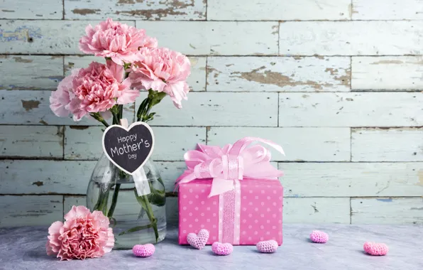 Flowers, gift, hearts, love, pink, happy, pink, flowers
