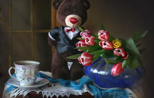 Toy, tulips, Teddy bear