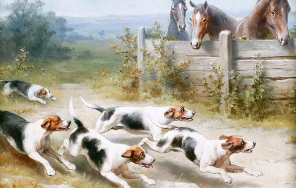 Running, Picture, Dogs, Horse, Jack Russell, Carl Reichert, Carl Reichert, Austrian artist