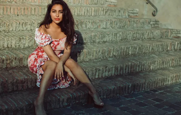 Look, the sun, pose, model, portrait, makeup, dress, brunette