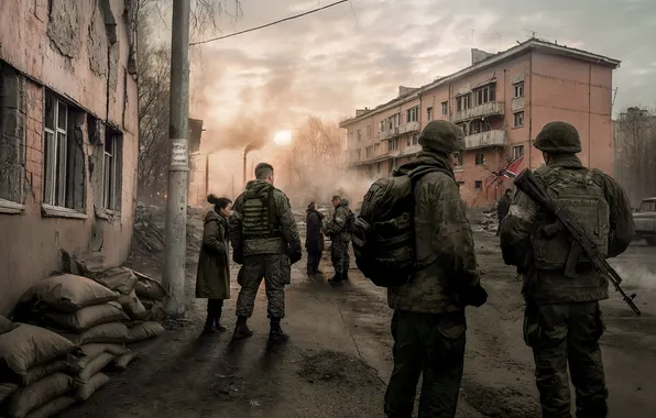 The evening, Smoke, War, Soldiers, Russia, Art, Ukraine, Russian
