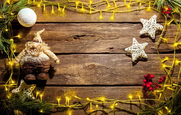 Stars, branches, toy, Board, ball, lights, fruit, Christmas