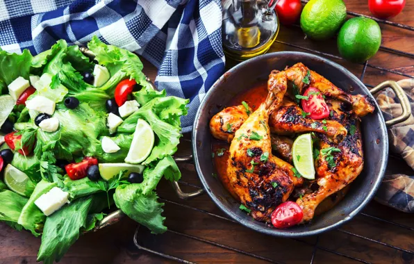 Chicken, meat, lime, legs, tomatoes, salad