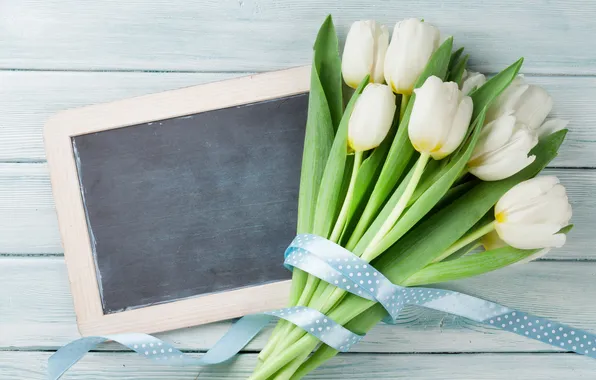 Flowers, bouquet, tulips, white, wood, flowers, tulips, postcard