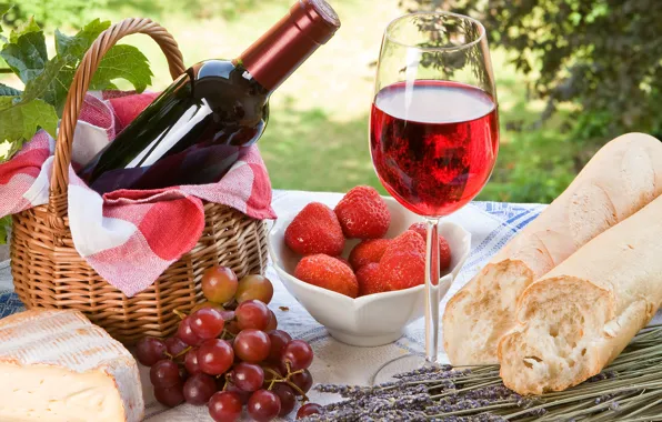 Picture berries, wine, red, basket, glass, bottle, cheese, strawberry