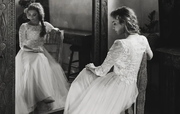 Picture girl, reflection, mirror, the bride, white dress