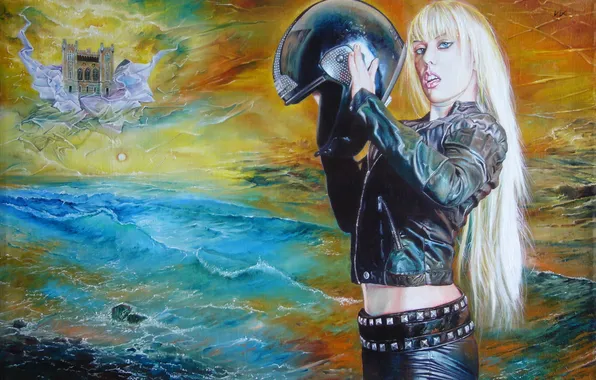 Picture sea, girl, castle, helmet, Vladimir Kuklinski