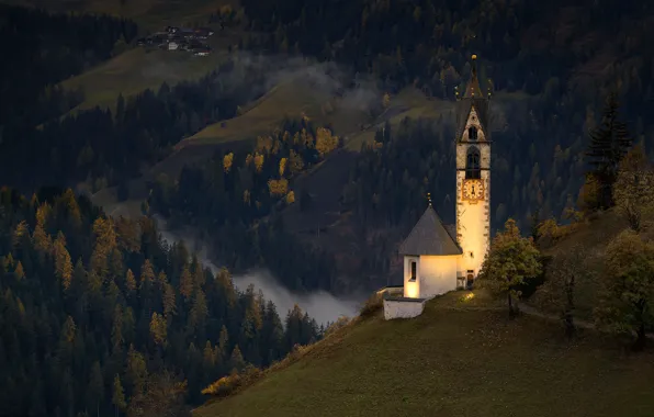 Autumn, forest, mountains, hills, valley, Italy, Church, panorama
