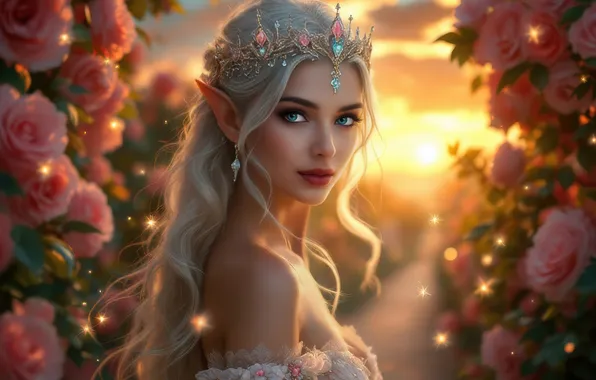 Chest, look, girl, the sun, light, sunset, flowers, roses