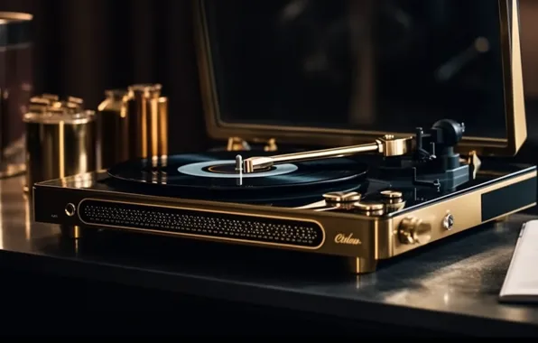 Retro, music, table, vinyl, record, digital art, AI art, neural network