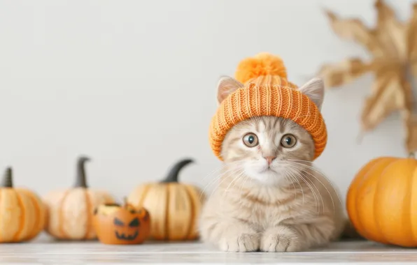 Autumn, cat, look, kitty, red, pumpkin, lies, Halloween