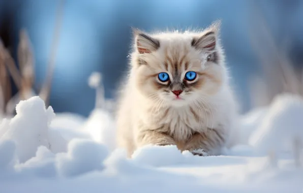 Winter, cat, white, look, light, snow, nature, pose