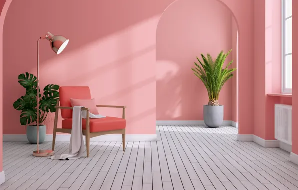 Design, style, lamp, interior, plants, chair, living room, solid pink