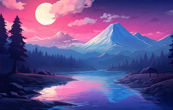Picture river, landscape, anime, night, clouds, blue background, digital art, pink background