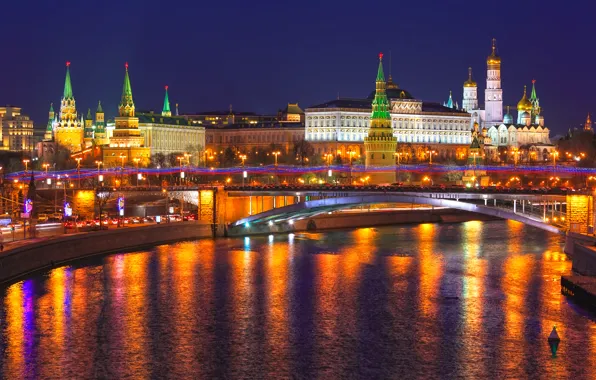 Night, city, lights, reflection, river, Moscow, The Kremlin, Russia