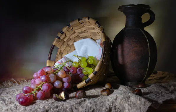 Table, towel, grapes, fabric, pitcher, fruit, nuts, still life
